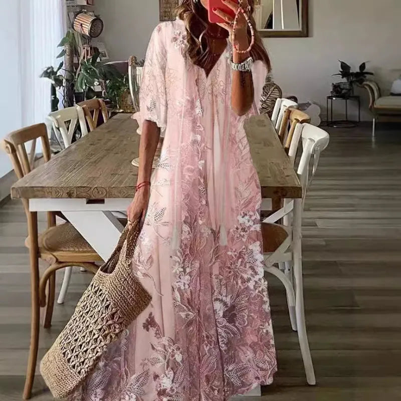 Full length pink lace-inspired floral maxi dress with half sleeves