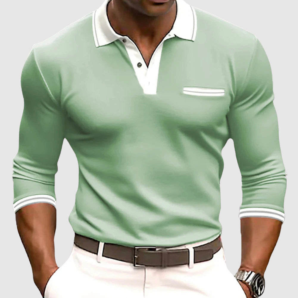 Casual Long Sleeve Polo – Button-Up Contrast Collar Breathable Pique