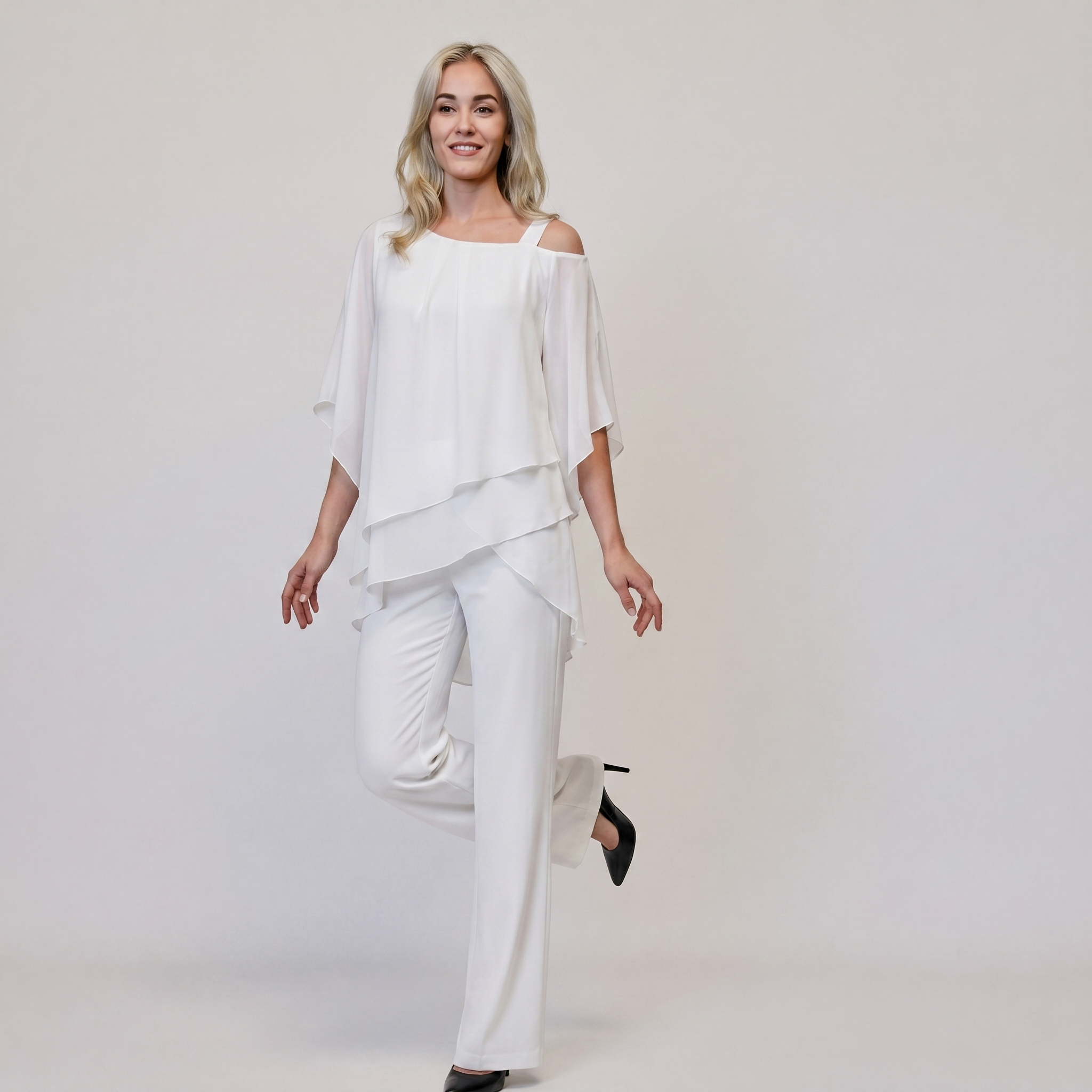 White airy chiffon two-piece ensemble with one-shoulder cutout top and clean-line trousers