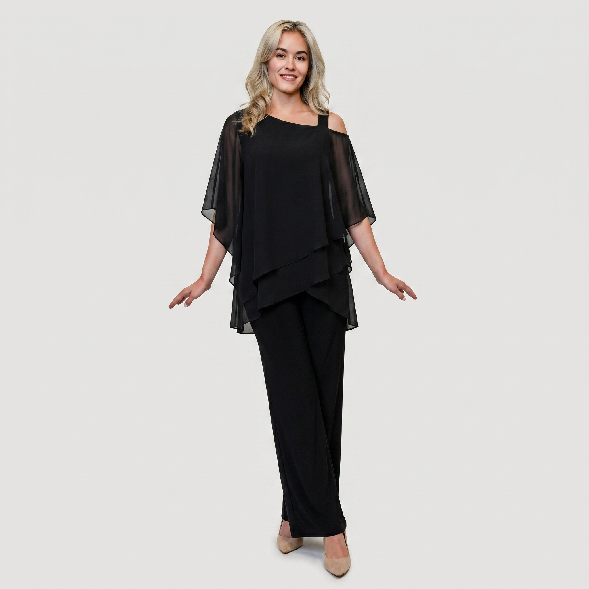 Black elegant two-piece dress set with sheer asymmetrical top and opaque ankle-length trousers