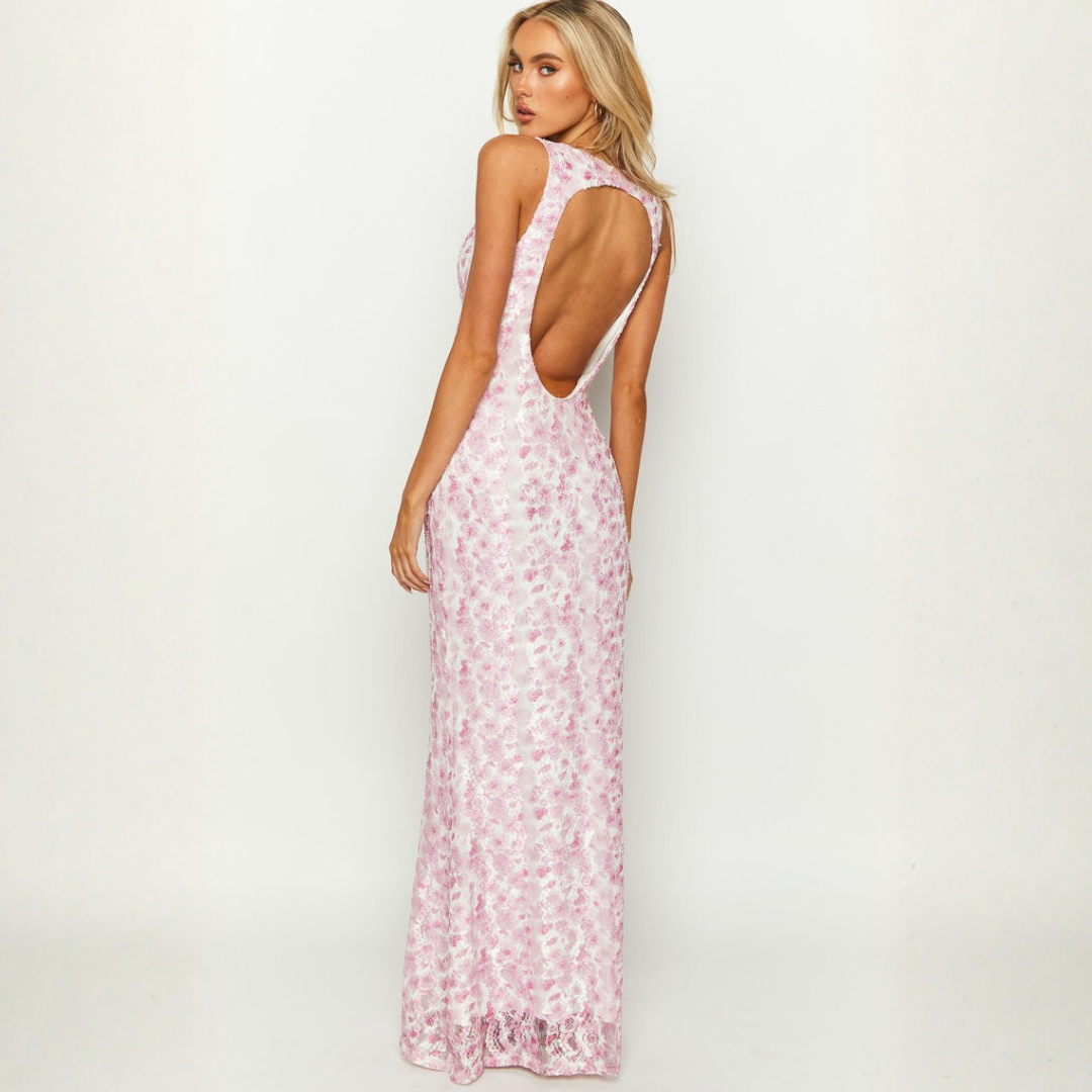 Elegant Women's Floral Maxi Dress – Fitted Silhouette with V-Neckline For Wedding Events