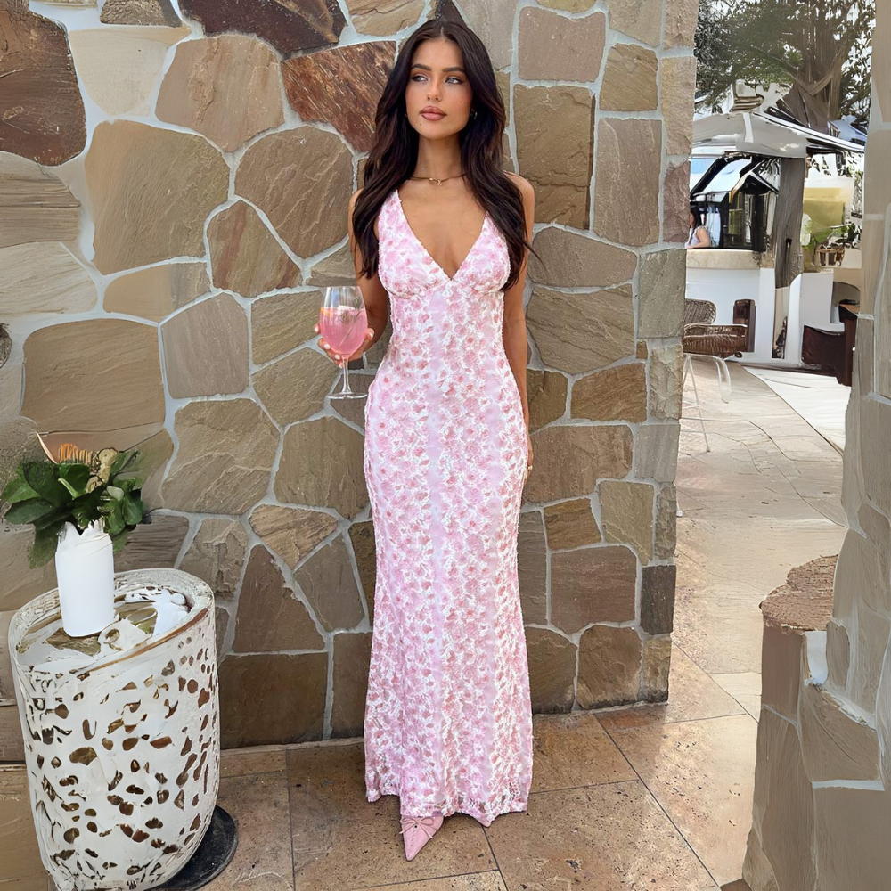 Elegant Women's Floral Maxi Dress – Fitted Silhouette with V-Neckline For Wedding Events