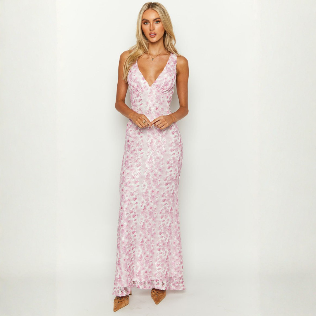 Elegant Women's Floral Maxi Dress – Fitted Silhouette with V-Neckline For Wedding Events