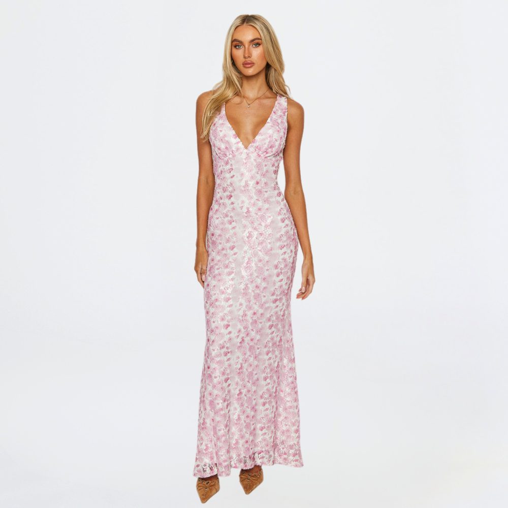 Elegant Women's Floral Maxi Dress – Fitted Silhouette with V-Neckline For Wedding Events