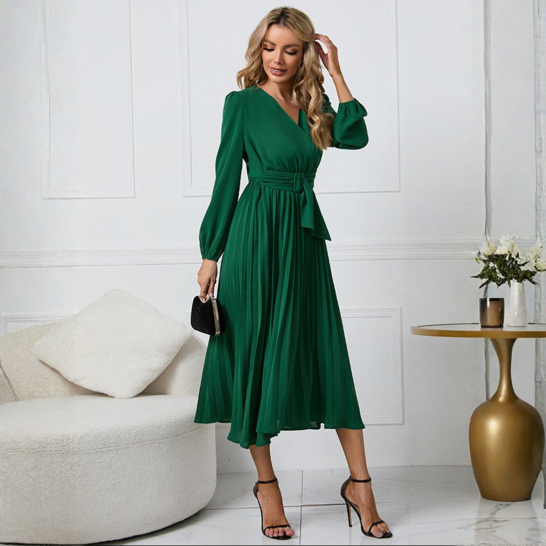 Elegant Women's Long Sleeve Midi Dress – Flattering Wrap Neckline, Airy Fit, Wedding Event