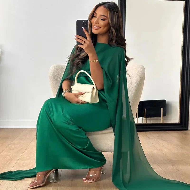 Elegant Women's Maxi Dress – Chic Cape Design for Wedding Events