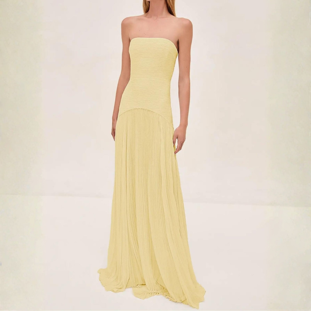 Elegant Women's Strapless Pleated Maxi Dress – Flowing Design for Wedding Events