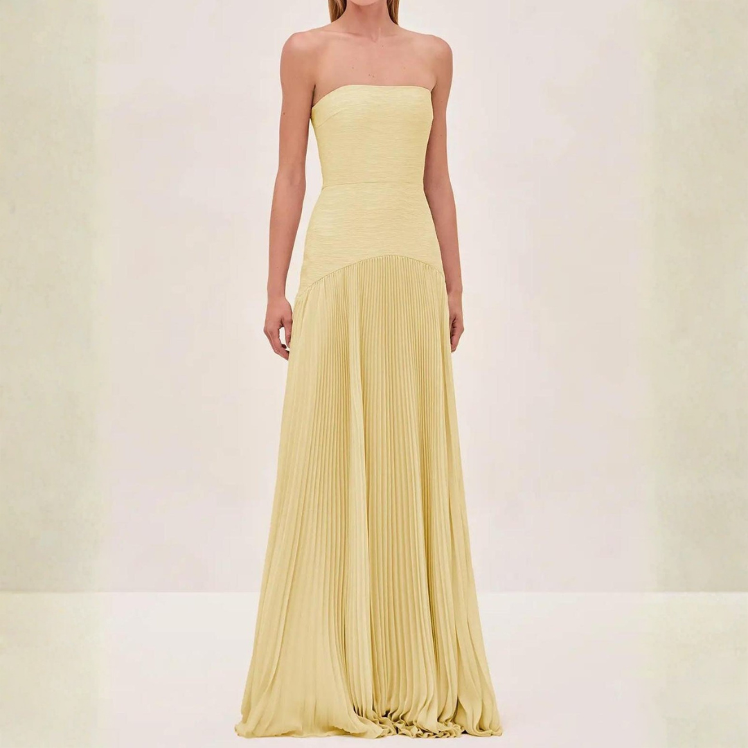 Elegant Women's Strapless Pleated Maxi Dress – Flowing Design for Wedding Events
