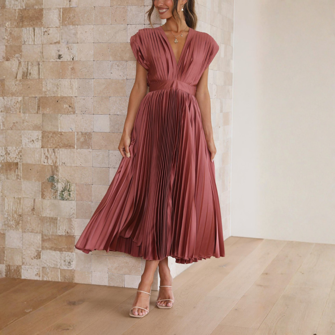 Elegant Women's Summer Pleated V Neck Midi Dress – Airy Fit for Wedding Events