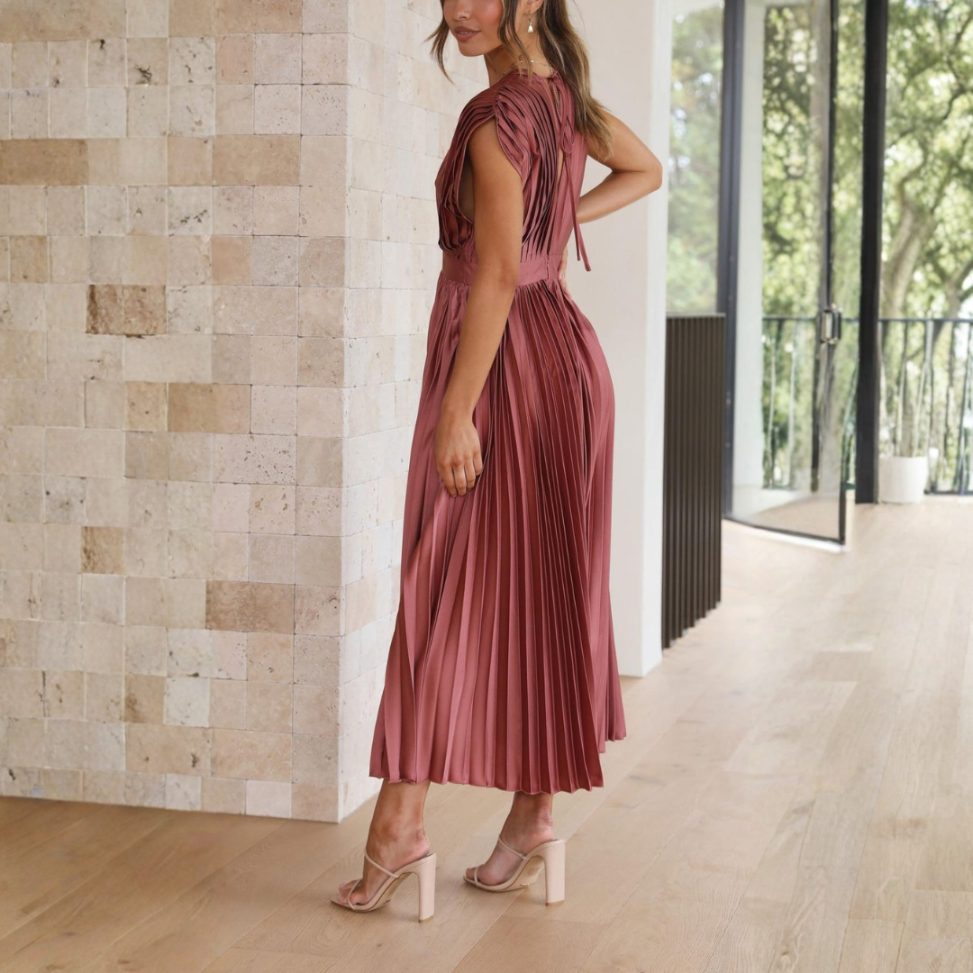 Elegant Women's Summer Pleated V Neck Midi Dress – Airy Fit for Wedding Events