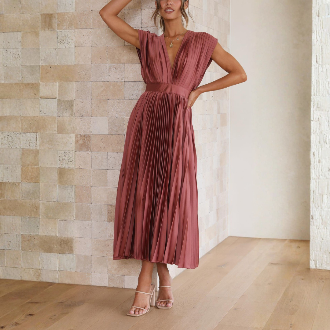 Elegant Women's Summer Pleated V Neck Midi Dress – Airy Fit for Wedding Events