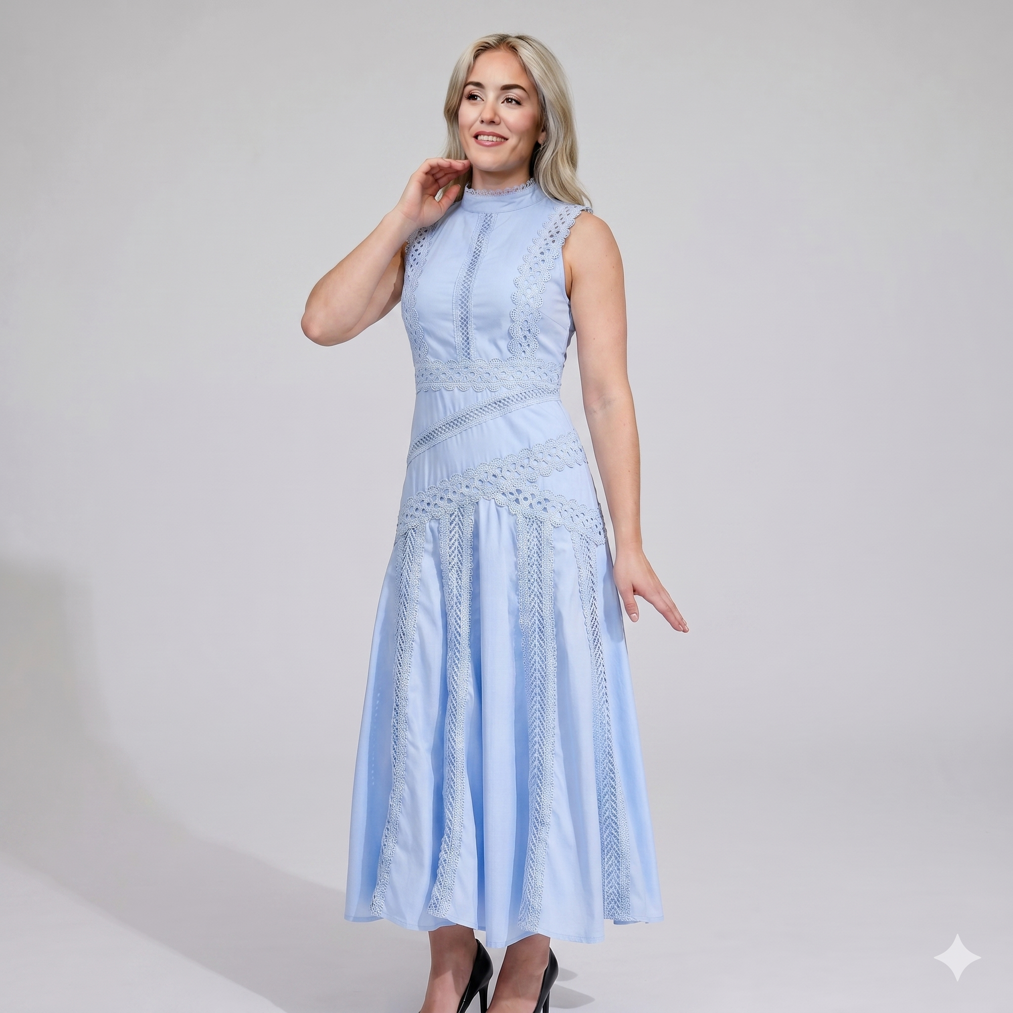 Light blue high-neck midi dress featuring detailed cutwork lace trim and flared skirt
