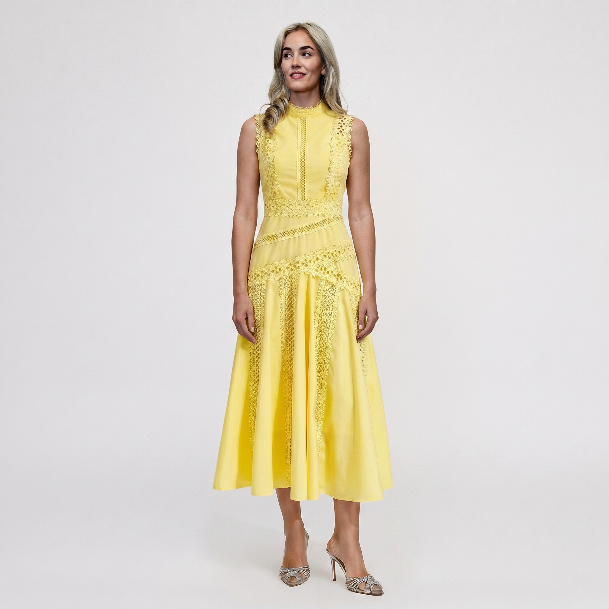 Bright yellow sleeveless midi dress with intricate cutwork lace detailing for weddings