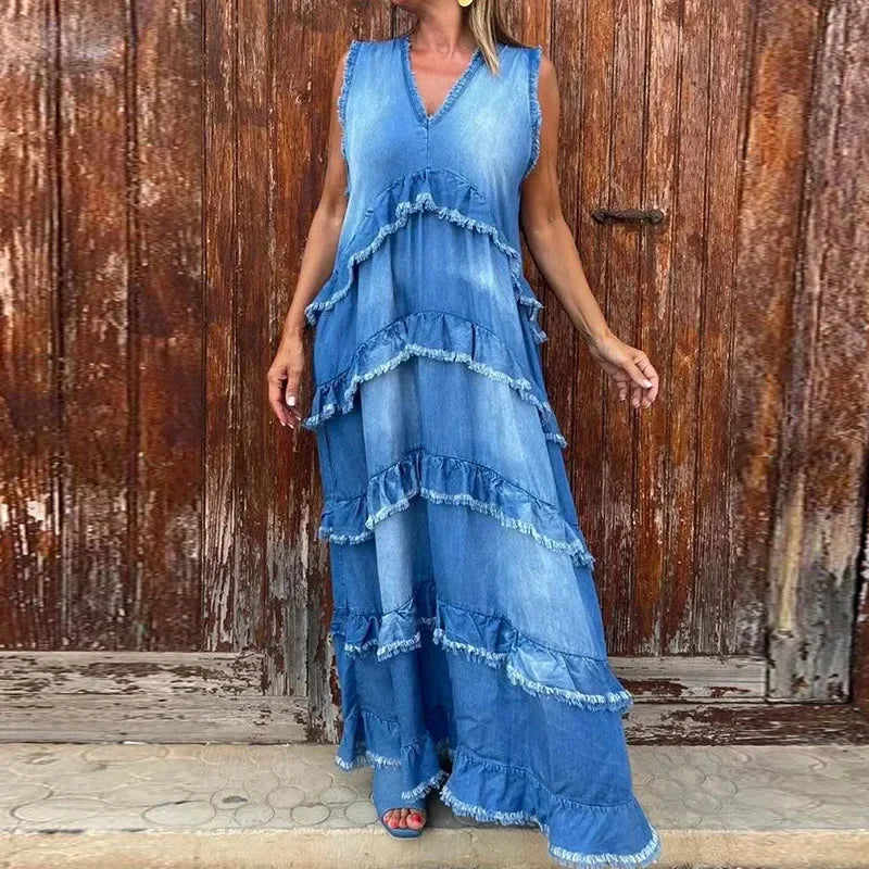 Elegant Women's Denim Maxi Dress – Stylish Sleeveless V-Neck with Pleated Design 1