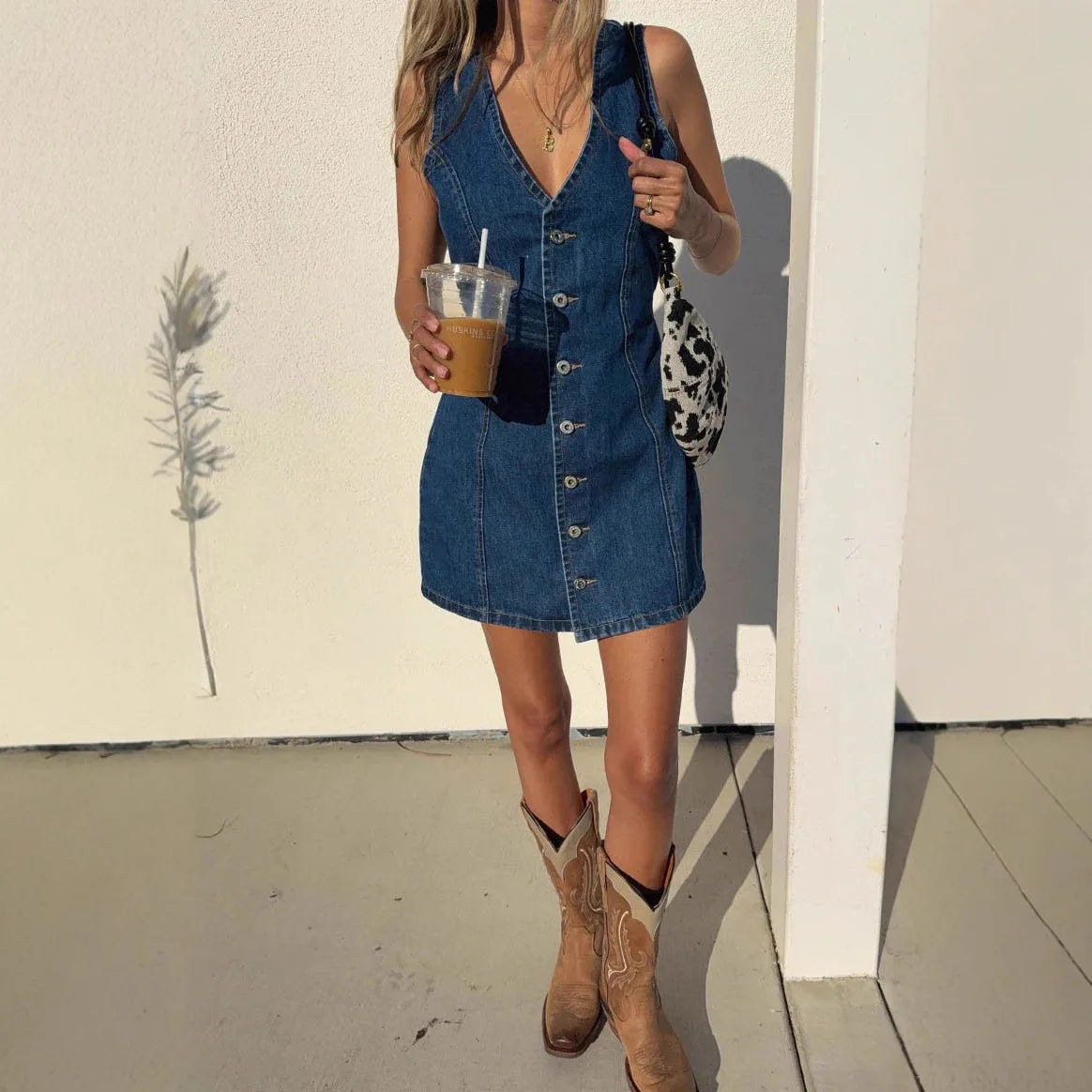 Elegant Women's Mid-Length Denim Dress with V Neck and Sleeveless Design 1