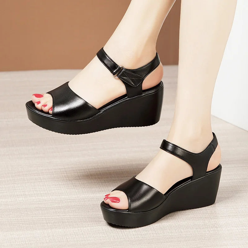 Elegant Women's Summer Wedge Sandals – Open Toe, High Heel, Leather 3