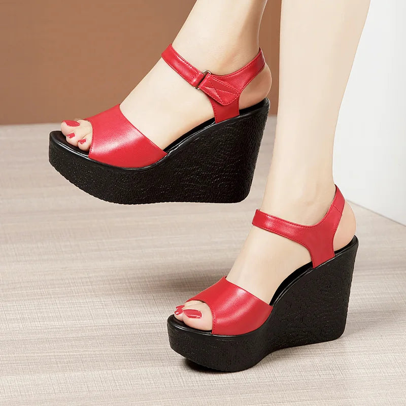 Elegant Women's Summer Wedge Sandals – Open Toe, High Heel, Leather 5