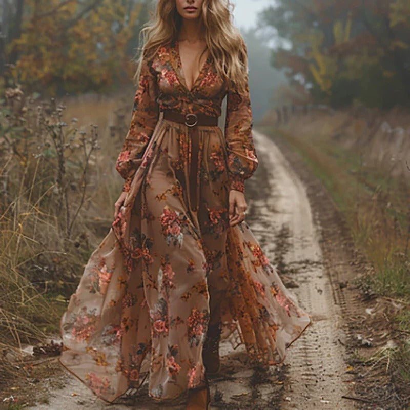 Beige embroidered chiffon maxi dress with autumn floral details