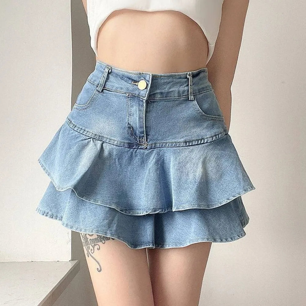 High Waist Denim Skirt – Vintage A-Line Ruffle Layered Look for Chic Style