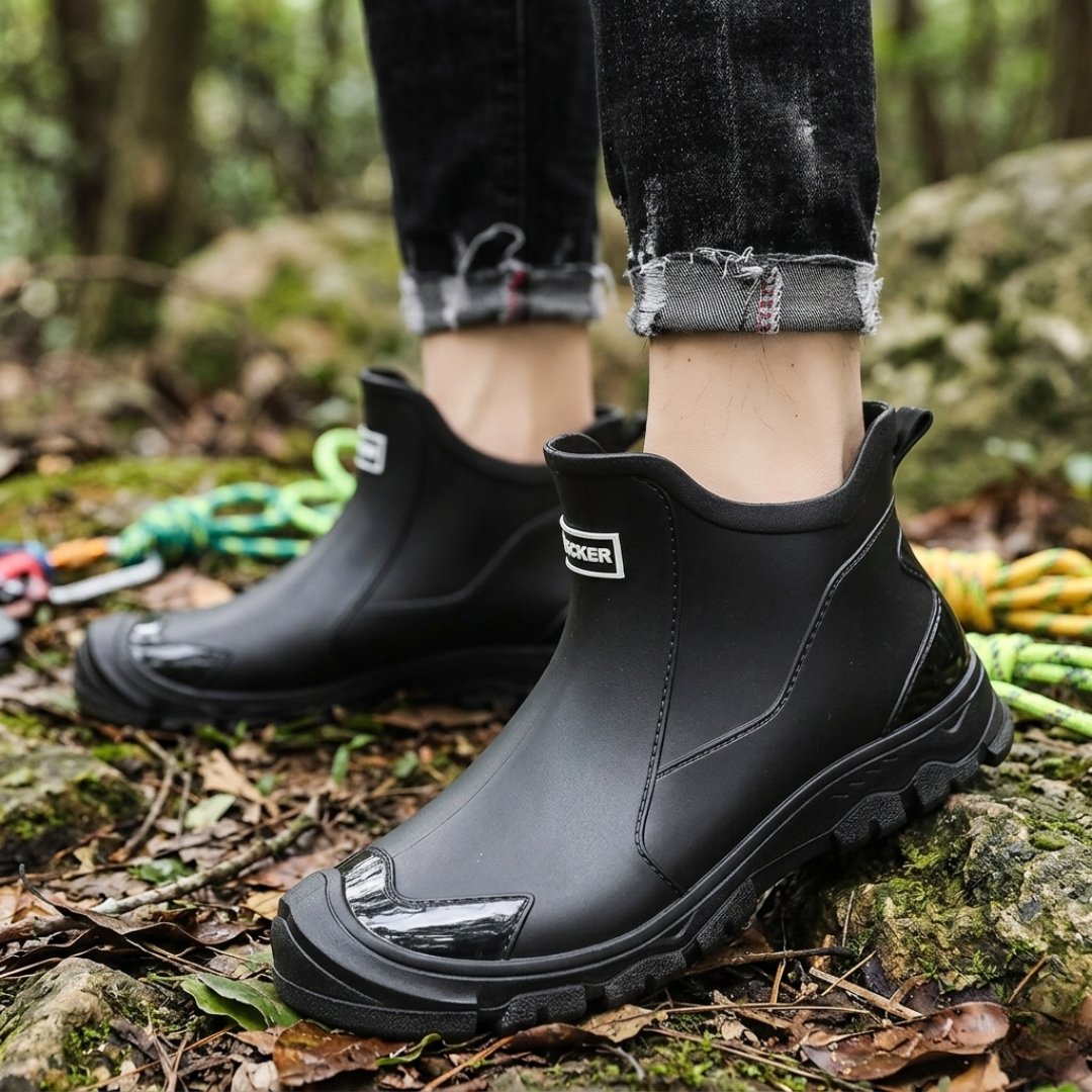 Black slip-on terrain boots for outdoor use on mossy forest rocks