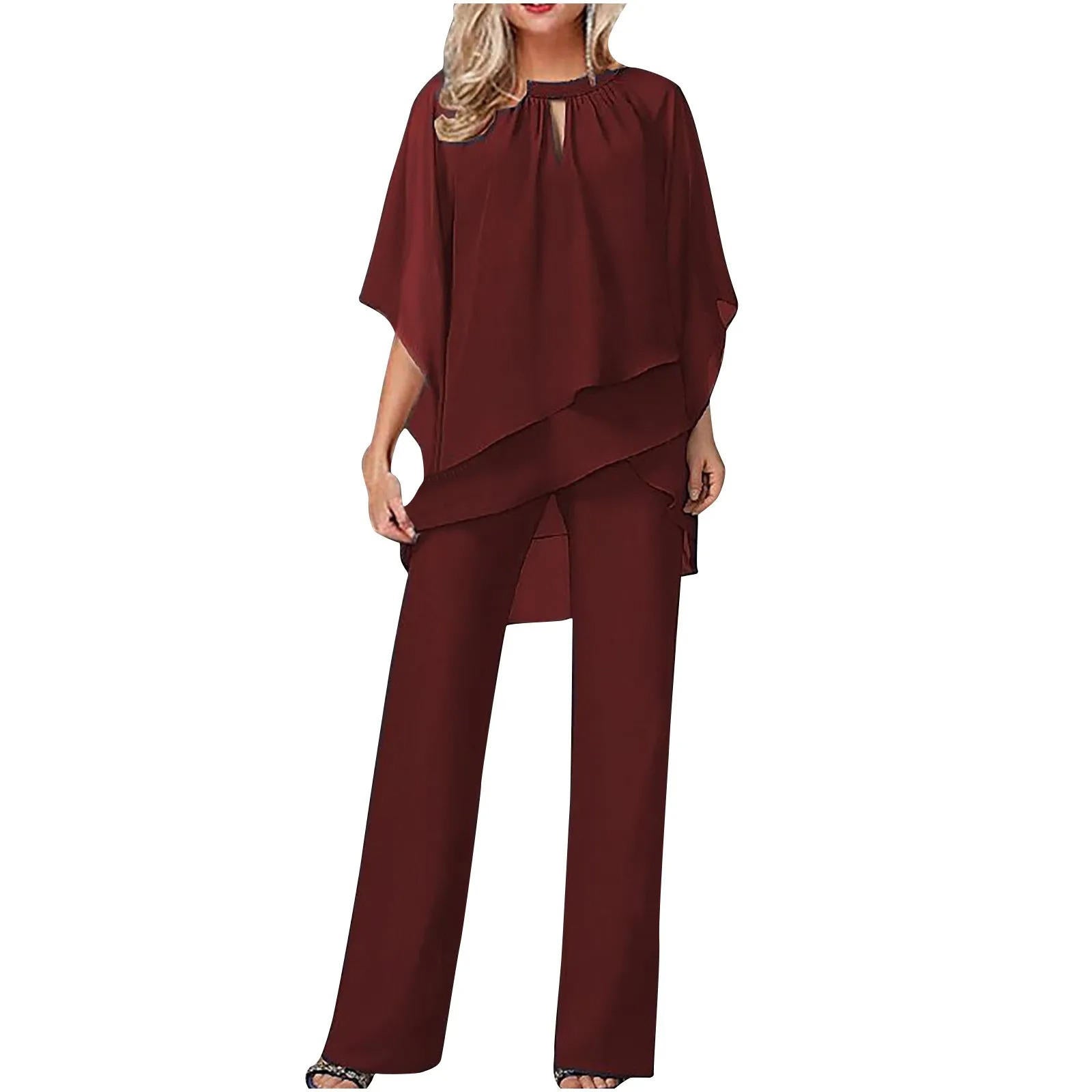 Ladies Trouser Suits – Elegant Chiffon Formal Pantsuit with Flowing Design 1