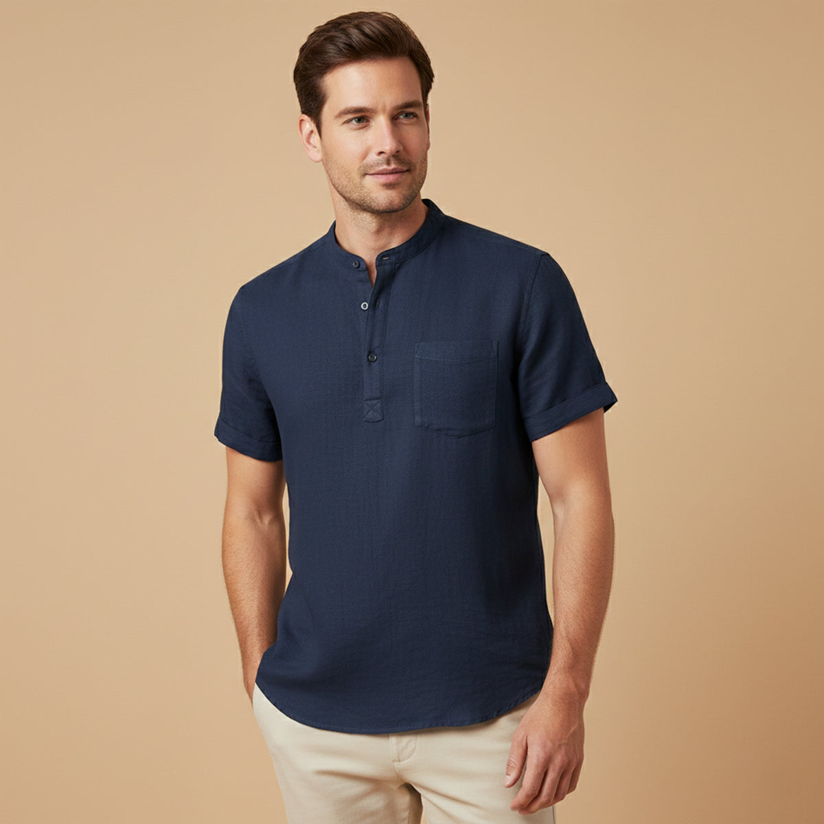Lightweight Casual Summer Linen Shirt for Men - Relaxed Fit with Henley Button Neckline 1