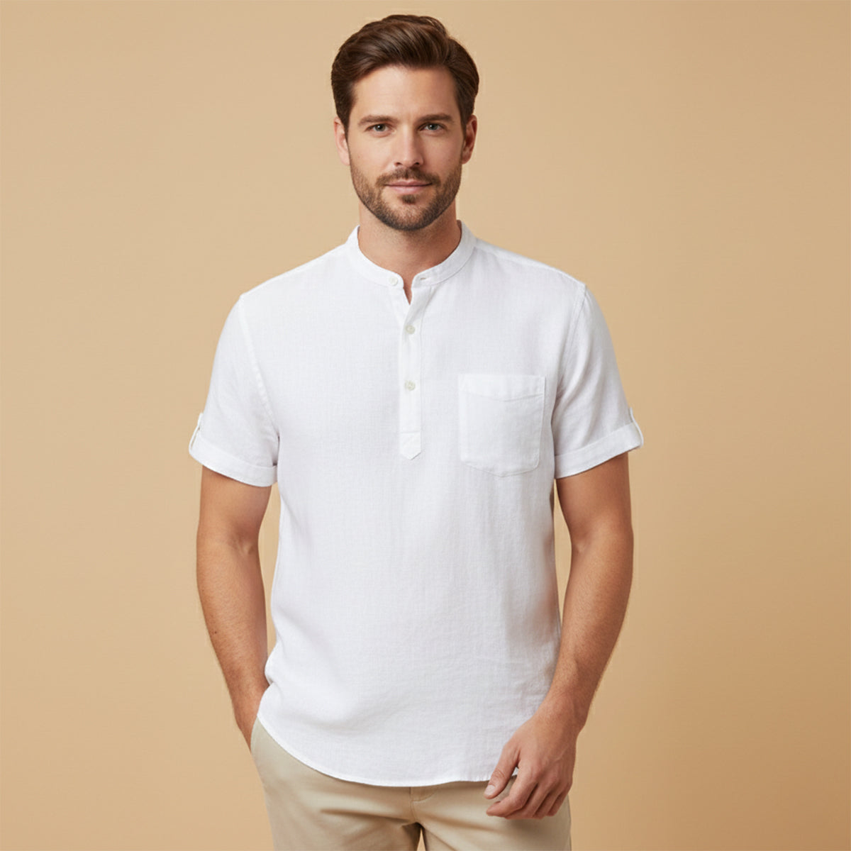 Lightweight Casual Summer Linen Shirt for Men - Relaxed Fit with Henley Button Neckline 5