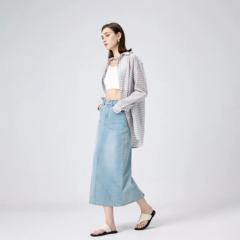 Long Denim Skirt for Women – Elegant High Waist with Embroidered Detail and Four-Way Stretch 2