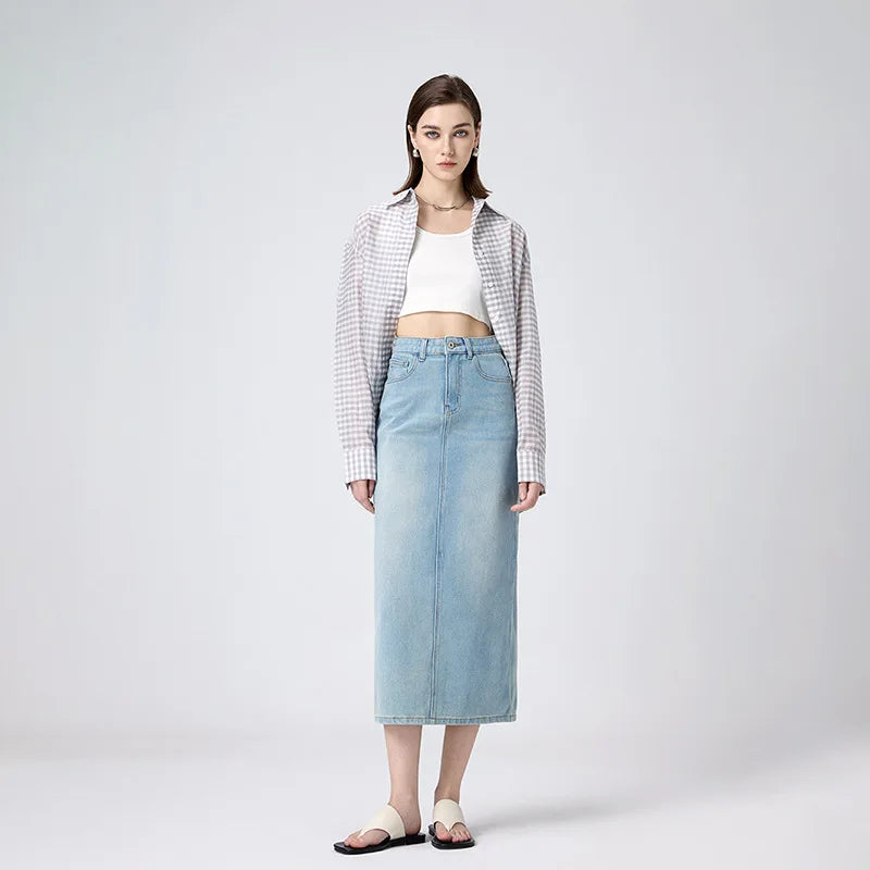 Long Denim Skirt for Women – Elegant High Waist with Embroidered Detail and Four-Way Stretch 4
