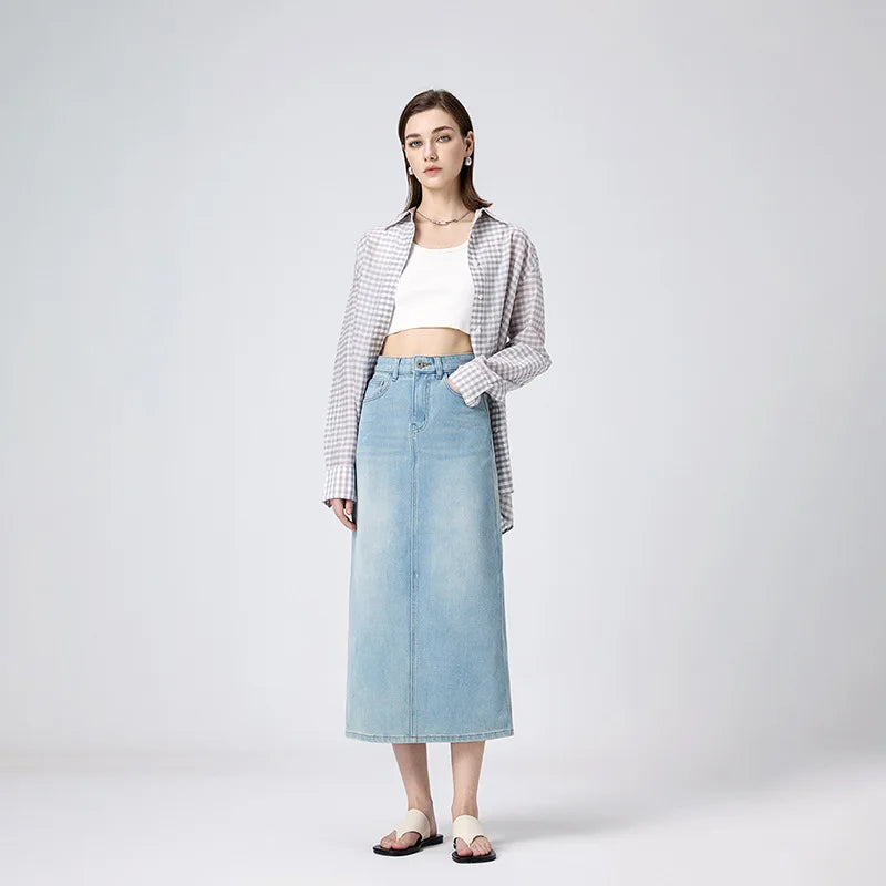 Long Denim Skirt for Women – Elegant High Waist with Embroidered Detail and Four-Way Stretch 1