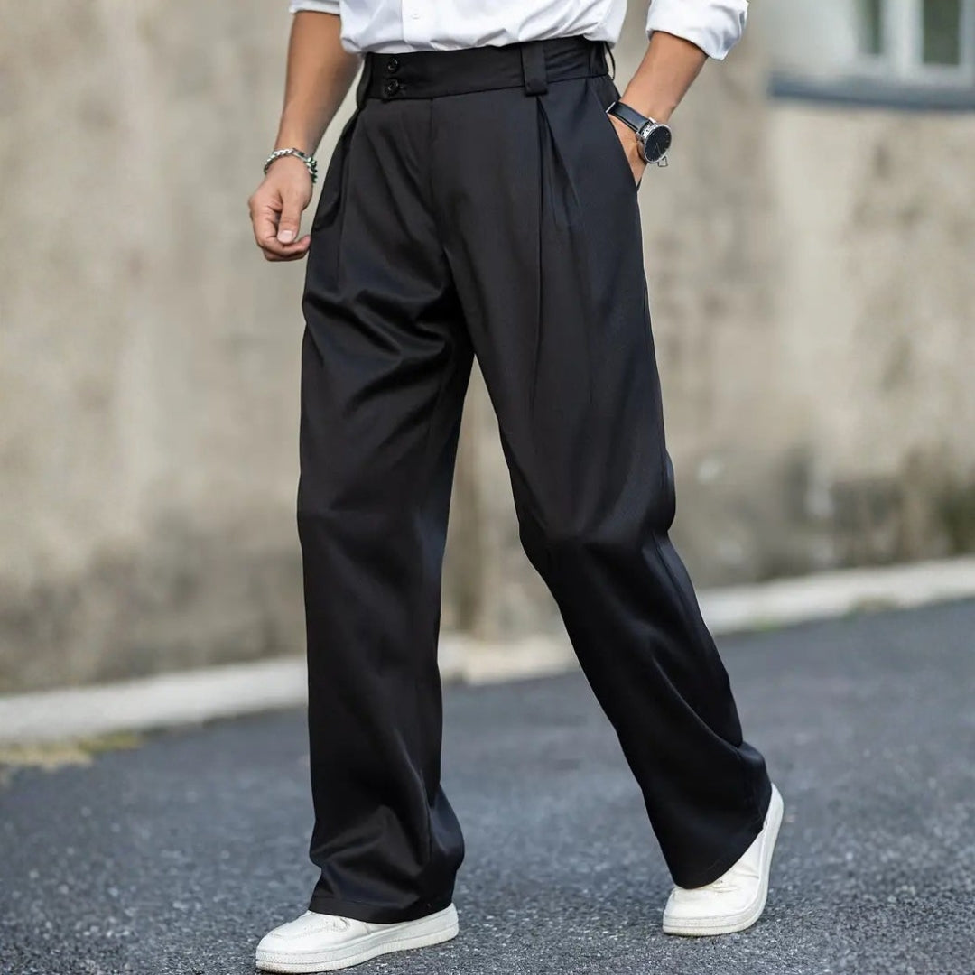 Men's All-Season Pleated Wide-Leg Trousers with Double Button Waistband