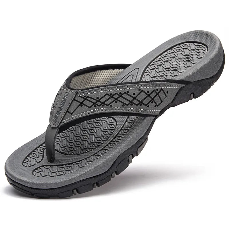 Gray and black MOBIEAR men's sandals with geometric strap detailing and wave patterns