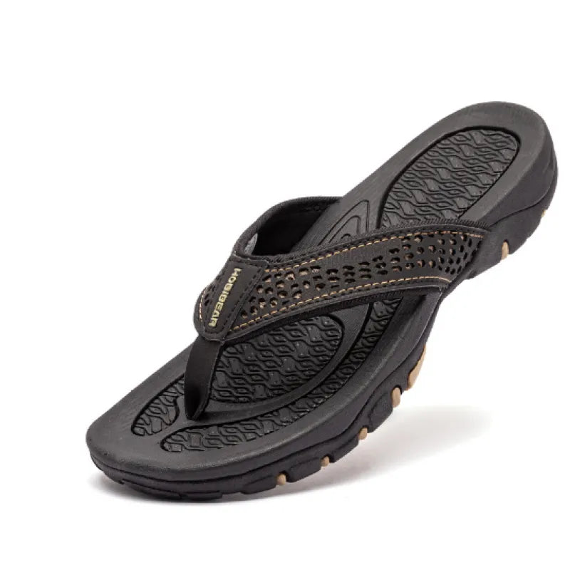 Black MOBIBEAR men's athletic flip flops with tan stitching and mesh strap