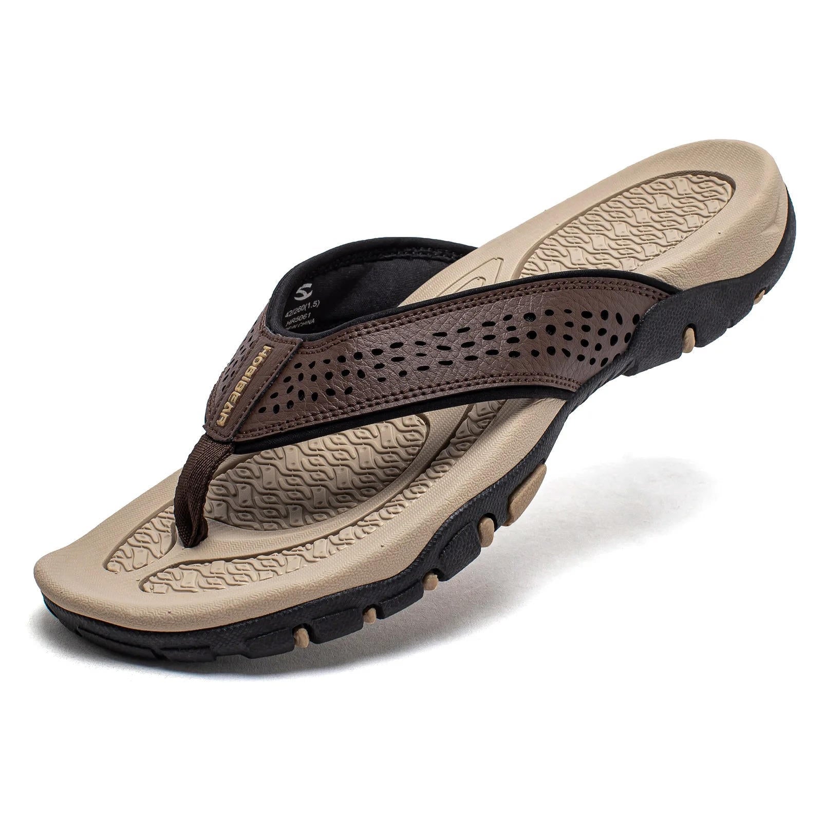 Brown perforated HOBEIBEAR men's sandals with beige textured footbed and lugs
