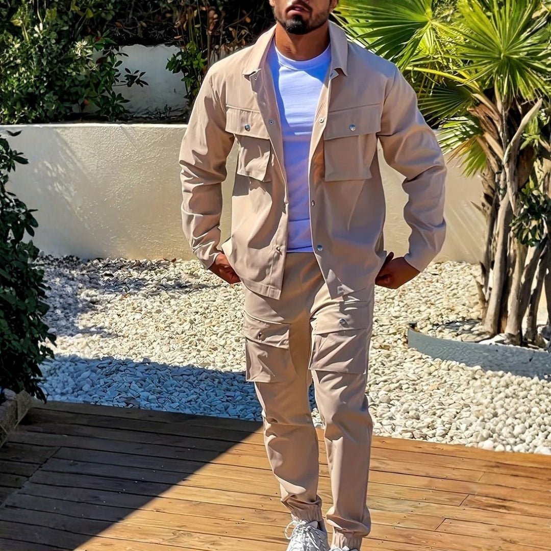 Men’s Casual Button-Up Jacket and Cargo Pants Set – Stylish, Functional, and Durable Fabric