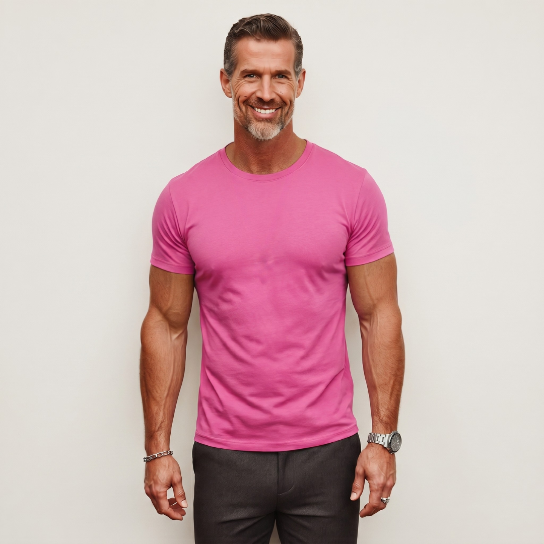 Men's bright pink crew neck t-shirt highlighting muscle definition and close torso fit