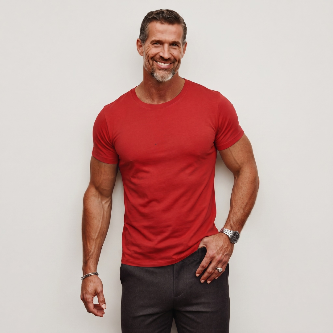 Men's red crew neck t-shirt offering all-day comfort and versatile wardrobe integration