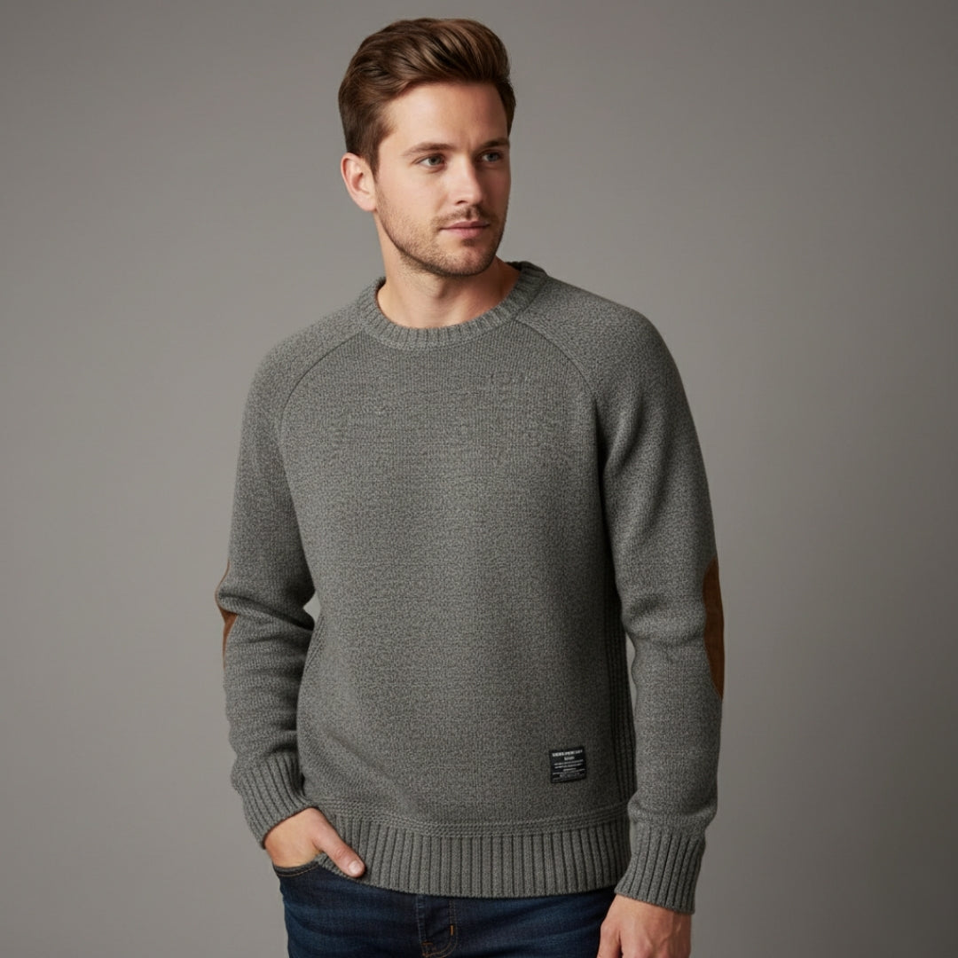 Men’s Classic Knit Crewneck Sweater with Elbow Patches