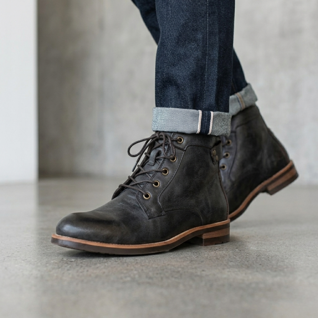 Men’s Lace Up Leather Boots with Low Heel