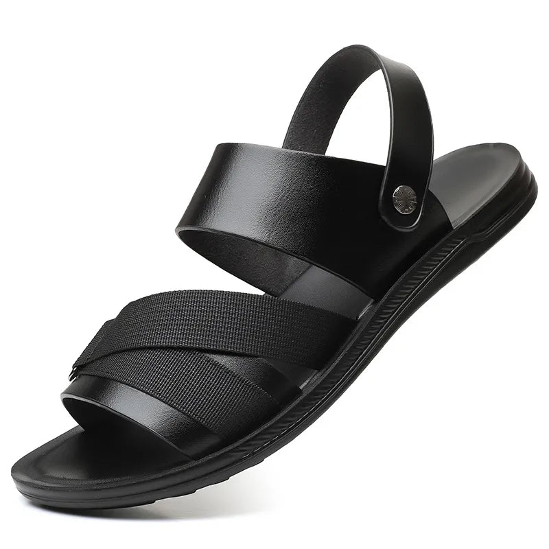 Men’s Leather Sandals – Black Cross-Strap Summer Shoes with Adjustable Slingback