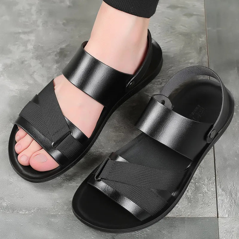 Men’s Leather Sandals – Black Cross-Strap Summer Shoes with Adjustable Slingback