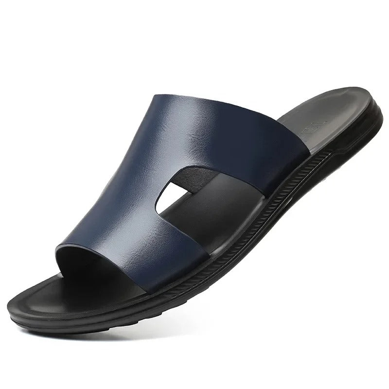 Men's Leather Slippers – Stylish Black Summer Slides for Casual and Outdoor Wear