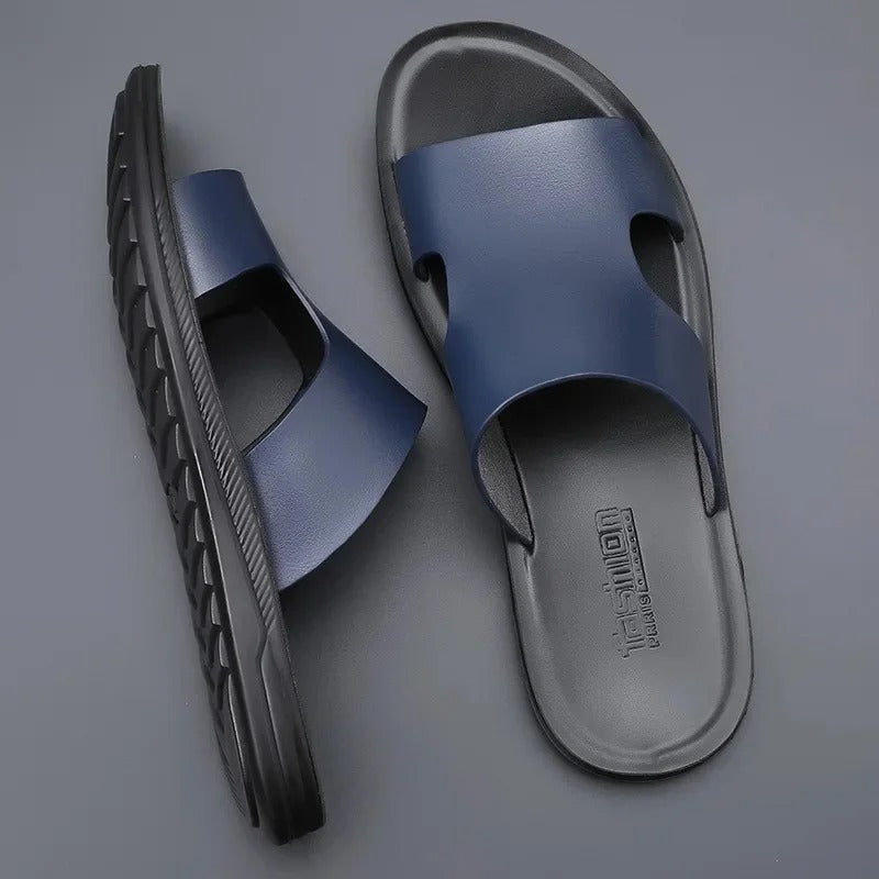 Men's Leather Slippers – Stylish Black Summer Slides for Casual and Outdoor Wear