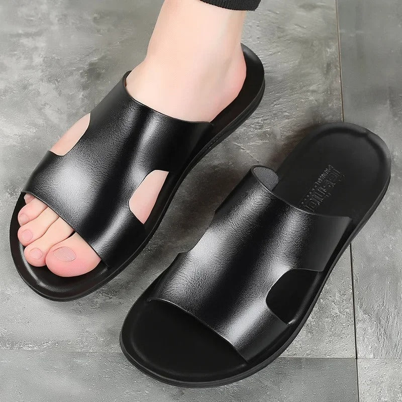 Men's Leather Slippers – Stylish Black Summer Slides for Casual and Outdoor Wear