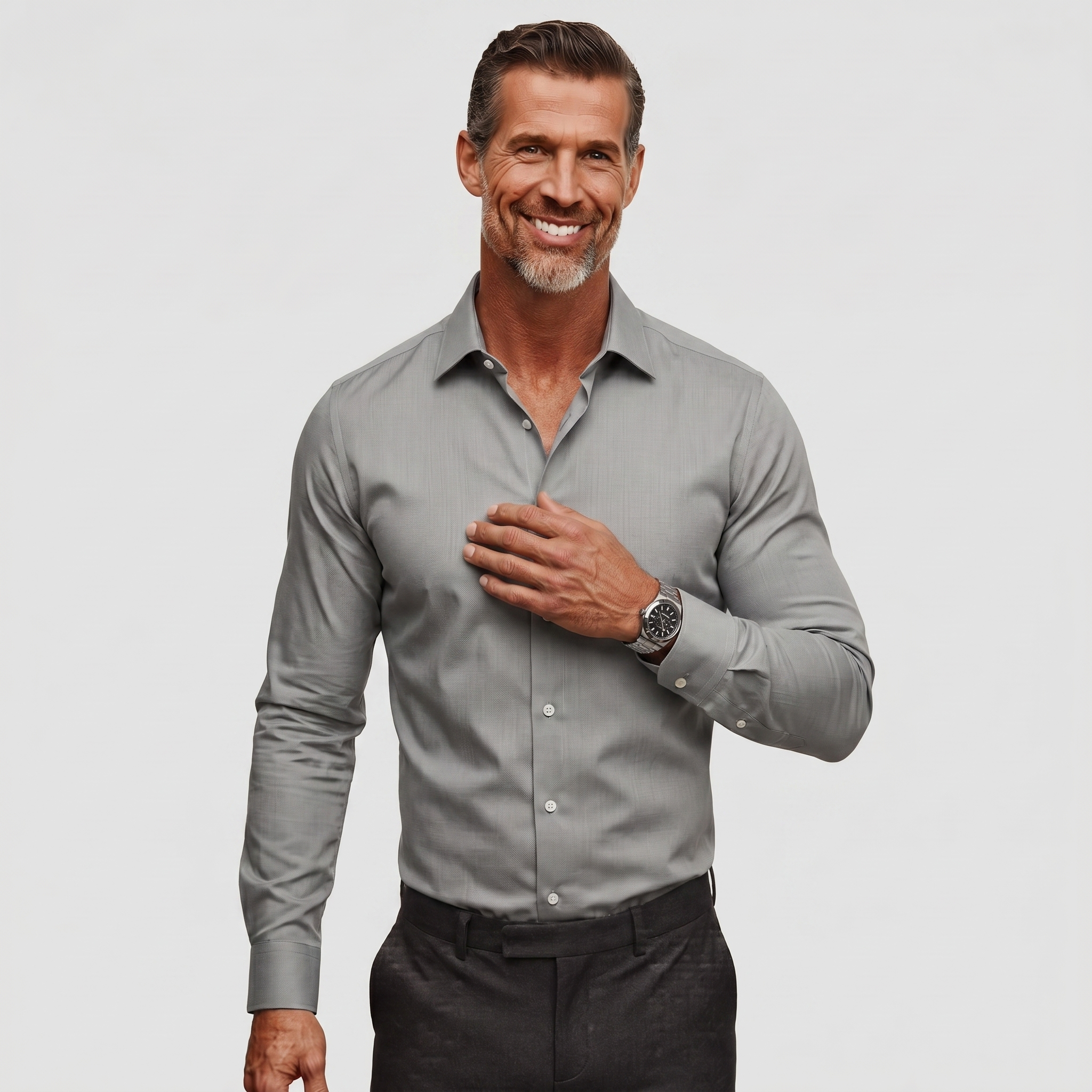 Men's slim fit non-iron gray dress shirt with structured collar