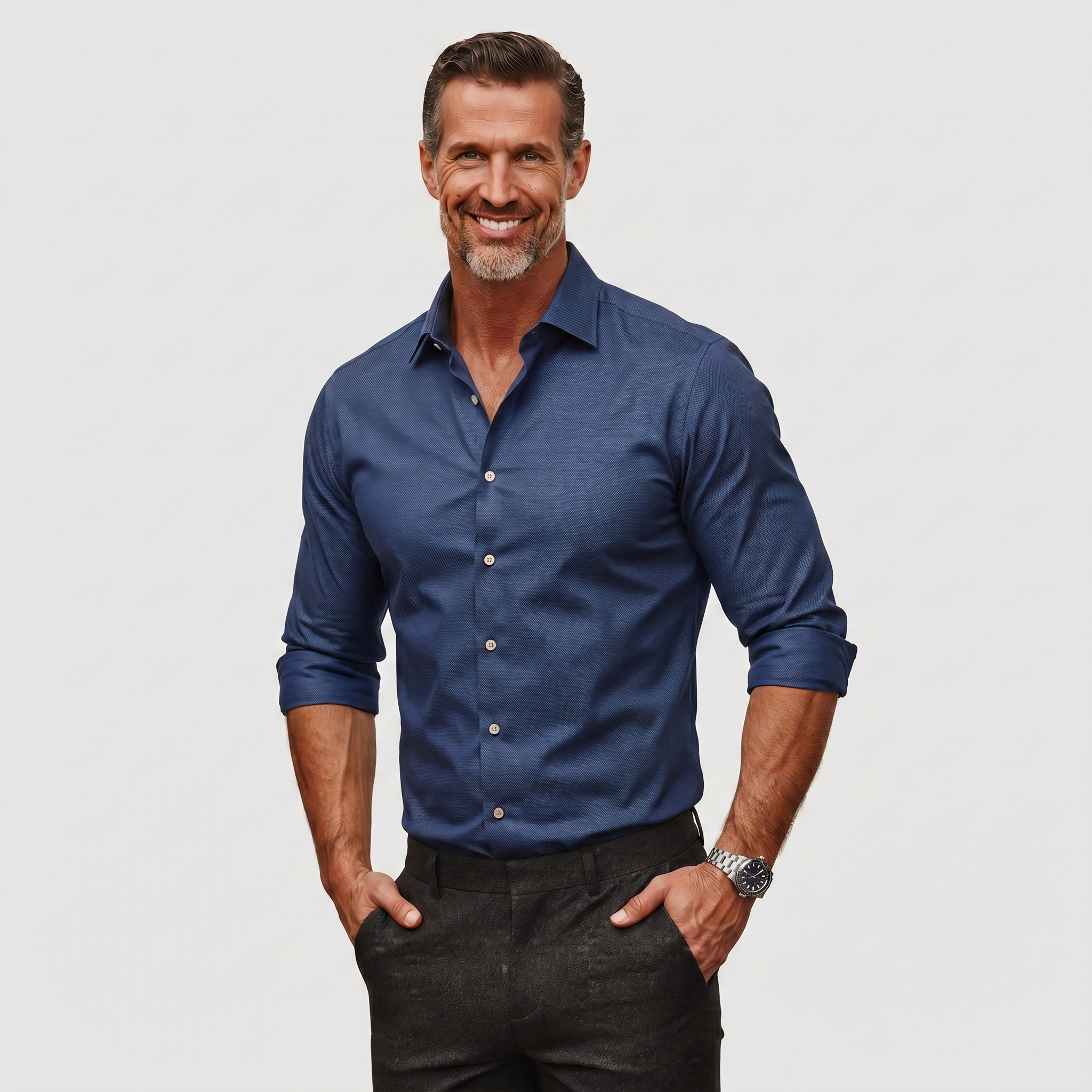 Navy blue men's wrinkle-free dress shirt with rolled cuffs