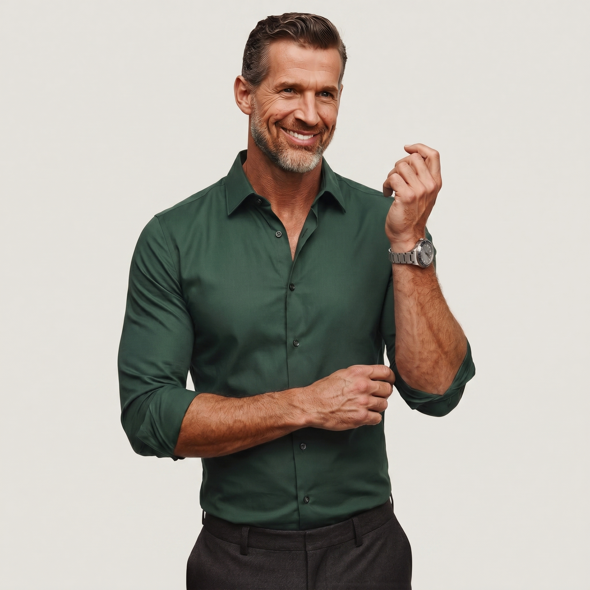 Forest green men's breathable button-up shirt with rolled sleeves
