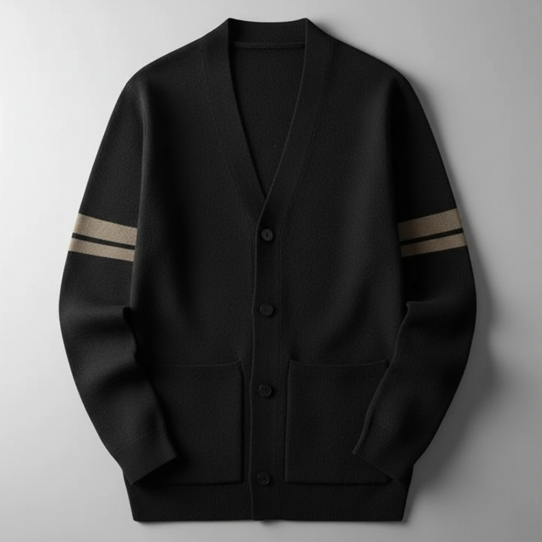 Men’s Stripe Pattern Cardigan with Ribbed Cuffs and Pockets