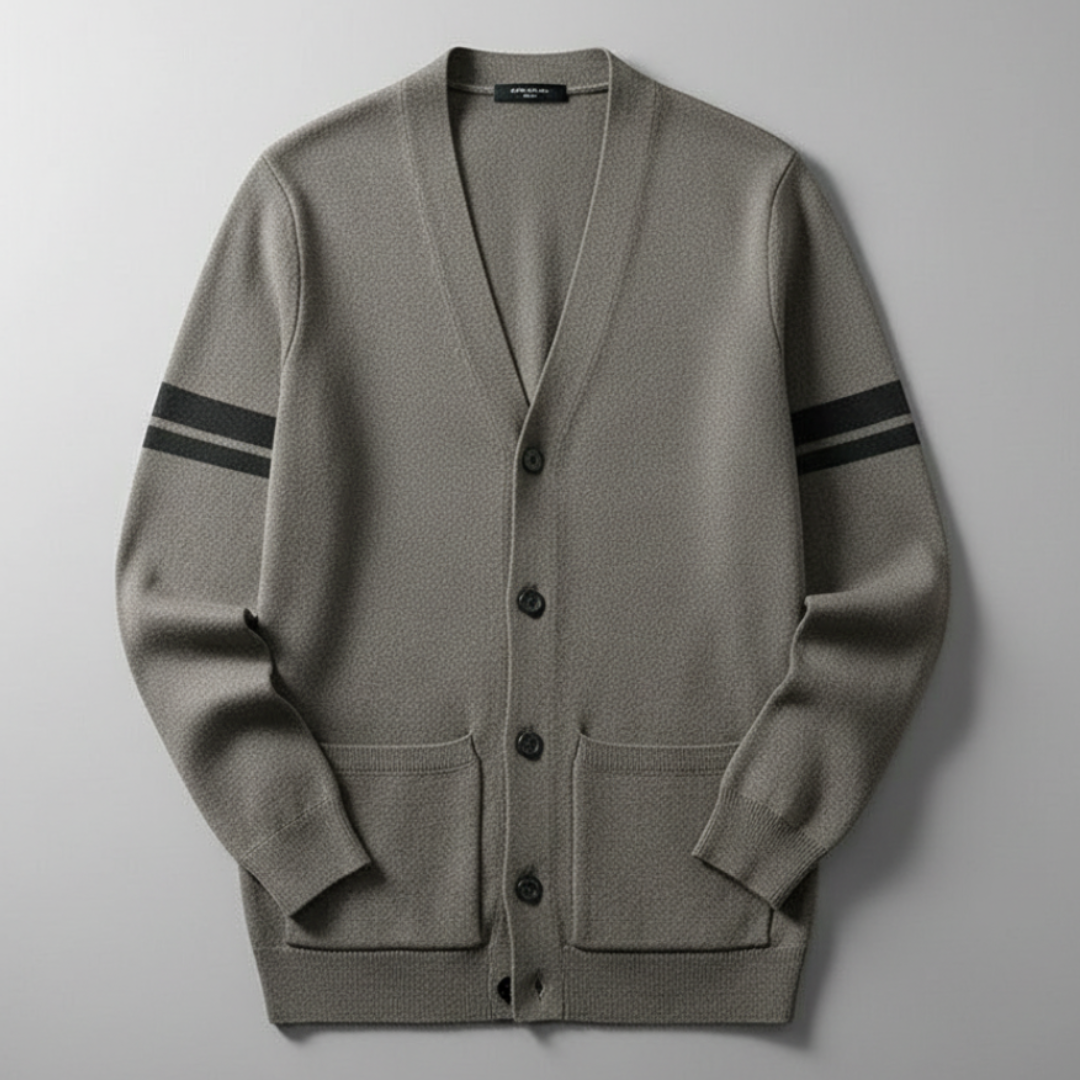 Men’s Stripe Pattern Cardigan with Ribbed Cuffs and Pockets