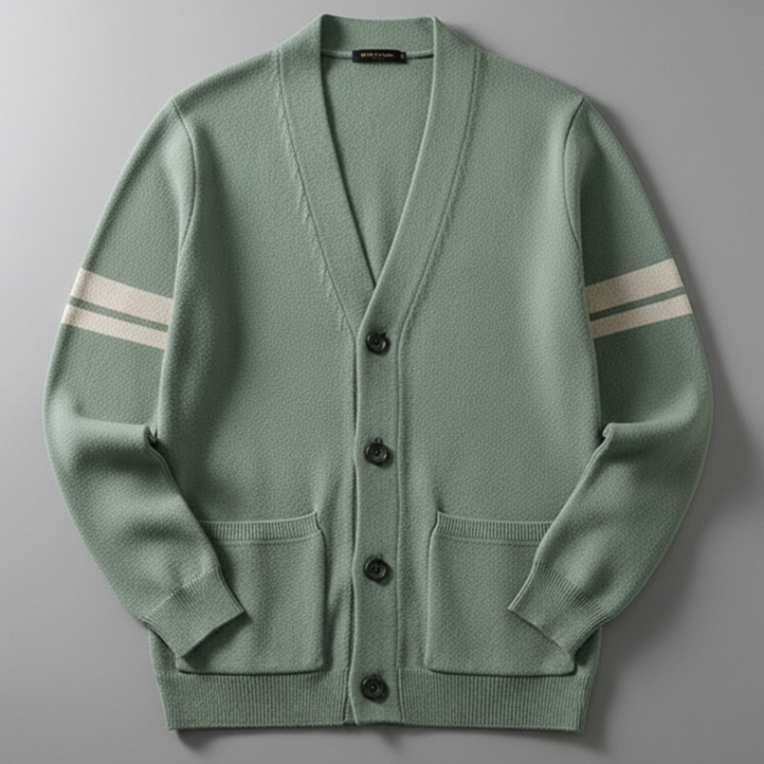 Men’s Stripe Pattern Cardigan with Ribbed Cuffs and Pockets